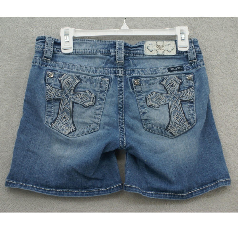 Miss Me MidShort Denim Jean Shorts Blue Embroidered Cross Rhinestone MP7845D2 28